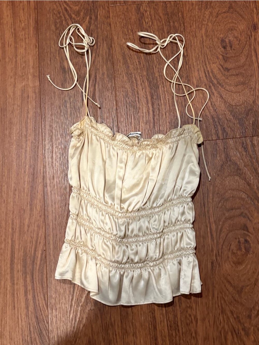 Reformation Cream Ruched Satin Strapless Top